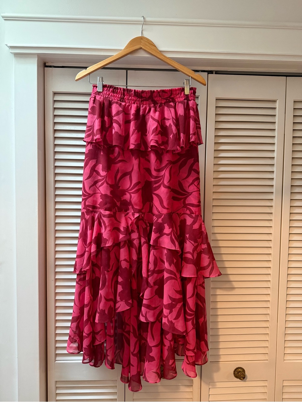Misa Los Angeles pink Magenta Floral Tiered Ruffle Midi Skirt
